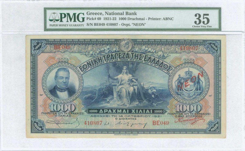 GREECE: 1000 Drachmas (14.10.1921) in blue on multicolor unpt with portrait of G...