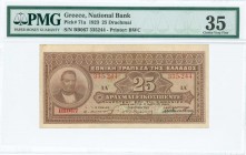 GREECE: 25 Drachmas (5.3.1923) in brown with portrait of G Stavros at left. S/N: "BB067 335244". Printed signature by Papadakis. Printed by BWC. Insid...