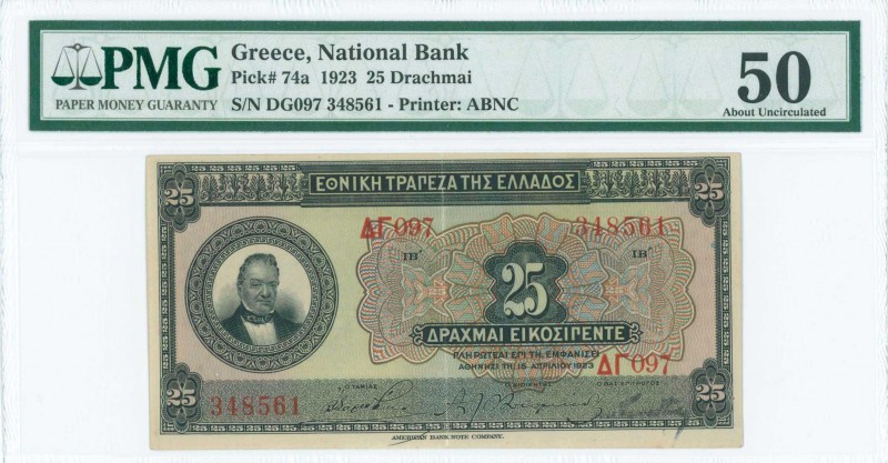GREECE: 25 Drachmas (15.4.1923) in black on green and multicolor unpt with portr...