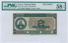 GREECE: 25 Drachmas (15.4.1923) in black on green and multicolor unpt with portrait of G Stavros at left. S/N: "ΖΦ021 000000". Red ovpt "SPECIMEN" ove...