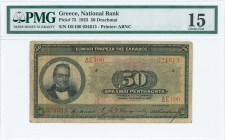 GREECE: 50 Drachmas (12.3.1923) in black on green and multicolor unpt with portrait of G Stavros at left. S/N: "ΔΕ100 024613". Printed by ABNC. Inside...