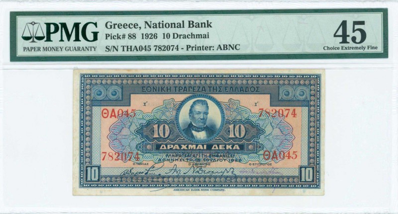 GREECE: 10 Drachmas (15.7.1926) in blue on yellow and orange unpt with portrait ...