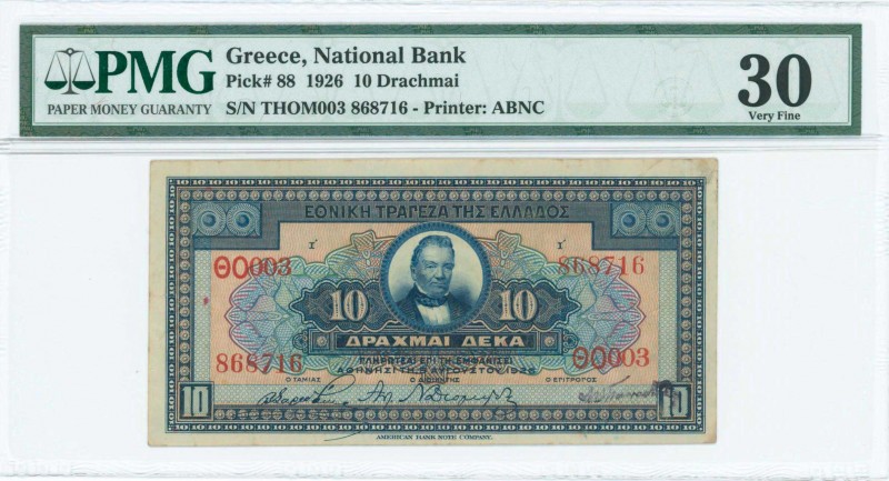 GREECE: 10 Drachmas (5.8.1926) in blue on yellow and orange unpt with portrait o...