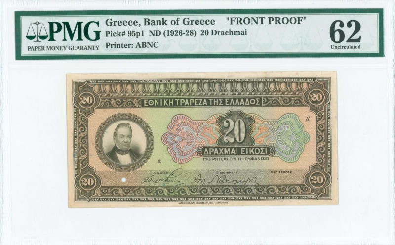 GREECE: Front Proof of 20 Drachmas (ND 1926) in brown on multicolor unpt with G ...