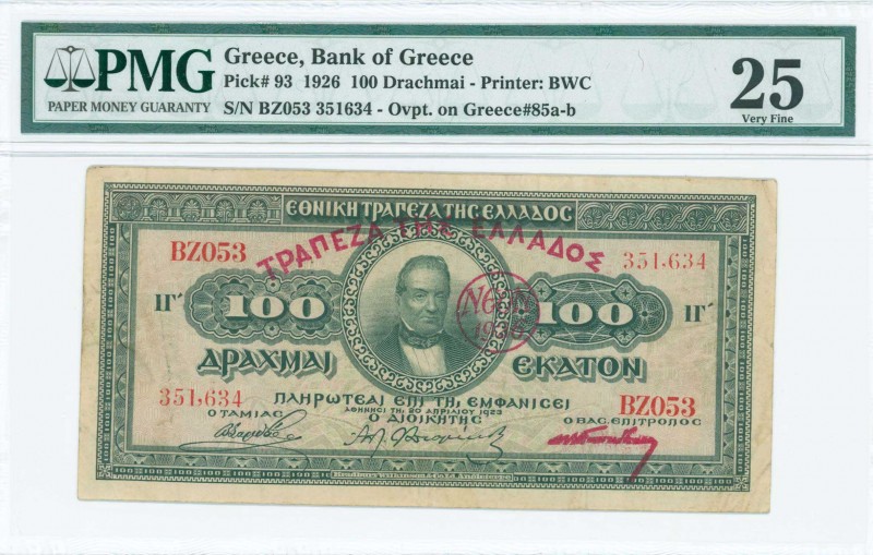 GREECE: 100 Drachmas (20.4.1923 - 1926 NEON issue) of 1928-1929 Provisional issu...