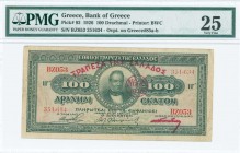 GREECE: 100 Drachmas (20.4.1923 - 1926 NEON issue) of 1928-1929 Provisional issue in dark green with portrait of G Stavros at center. Red ovpt "ΤΡΑΠΕΖ...