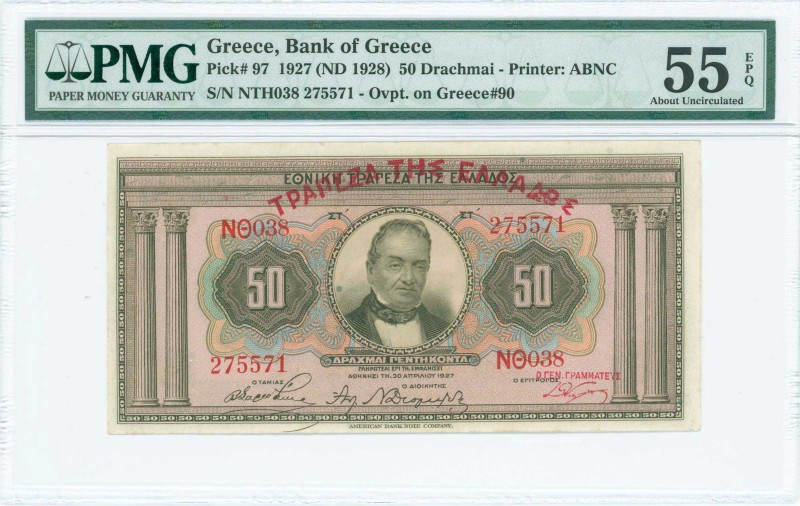 GREECE: 50 Drachmas (30.4.1927) of 1928-1928 Provisional issue in light brown on...