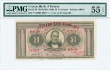 GREECE: 50 Drachmas (30.4.1927) of 1928-1928 Provisional issue in light brown on multicolor unpt with portrait of G Stavros at center. Red ovpt "ΤΡΑΠΕ...