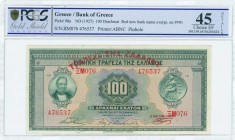 GREECE: 100 Drachmas (6.6.1927) of 1928-1929 Provisional issue in green on multicolor unpt with portrait of G Stavros at left. Red ovpt "ΤΡΑΠΕΖΑ ΤΗΣ Ε...