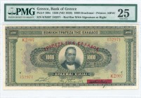 GREECE: 1000 Drachmas (15.10.1926) of 1928-1929 Provisional issue in black on green and multicolor unpt with portrait of G Stavros at center. Red ovpt...