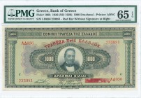 GREECE: 1000 Drachmas (4.11.1926) of 1928-1929 Provisional issue in black on green and multicolor unpt with portrait of G Stavros at center. Red ovpt ...