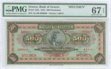 GREECE: 500 Drachmas (1.10.1932) in multicolor with portrait of Athena at center. S/N: "ΑΛ100 000000". Two red ovpts "SPECIMEN" over values and three ...