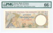 GREECE: 50 Drachmas (1.9.1935) in multicolor with young peasant girl with sheat of wheat at left. S/N: "ΑΞ068 21353". WMK: Goddess Demeter. Printed in...