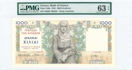 GREECE: 1000 Drachmas (1.5.1935) in multicolor with young girl wearing national costume from Spetses at center. S/N: "AK001 986705". WMK: God Poseidon...