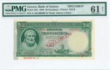 GREECE: Specimen of 50 Drachmas (1.1.1939) in green with Hesiod at left. Diagonal red ovpt "SPECIMEN" at center and diagonal perfin "SPECIMEN" at cent...
