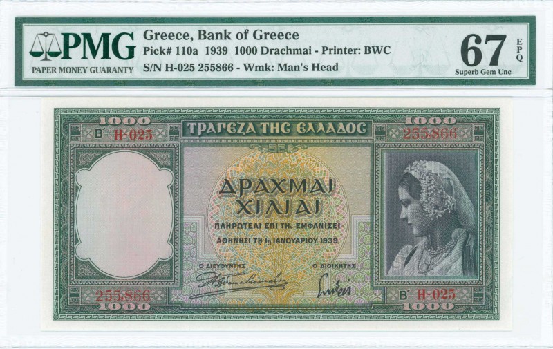 GREECE: 1000 Drachmas (1.1.1939) in green with girl in traditional Athenian cost...