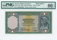 GREECE: 1000 Drachmas (1.1.1939) in green with girl in traditional Athenian costume at right. Red ovpts "SPECIMEN" over signatures. Four cancellation ...