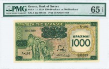GREECE: 1000 Drachmas on 100 Drachmas (1939) in green and yellow with two young girls carrying a sheaf of wheat and an amphora at left. S/N: "A-192 88...