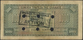 GREECE: 1000 Drachmas (15.10.1926) 1941 Emergency re-issue cancelled banknote with black box-cachet "ΤΡΑΠΕΖΑ ΤΗΣ ΕΛΛΑΔΟΣ - ΕΝ ΑΓΡΙΝΙΩ" (Very common) o...