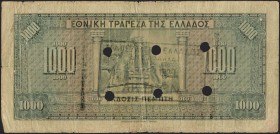 GREECE: 1000 Drachmas (4.11.1926) 1941 Emergency re-issue cancelled banknote with black box-cachet "ΤΡΑΠΕΖΑ ΤΗΣ ΕΛΛΑΔΟΣ - ΕΝ ΚΑΒΑΛΛΑ 1939" (Very commo...