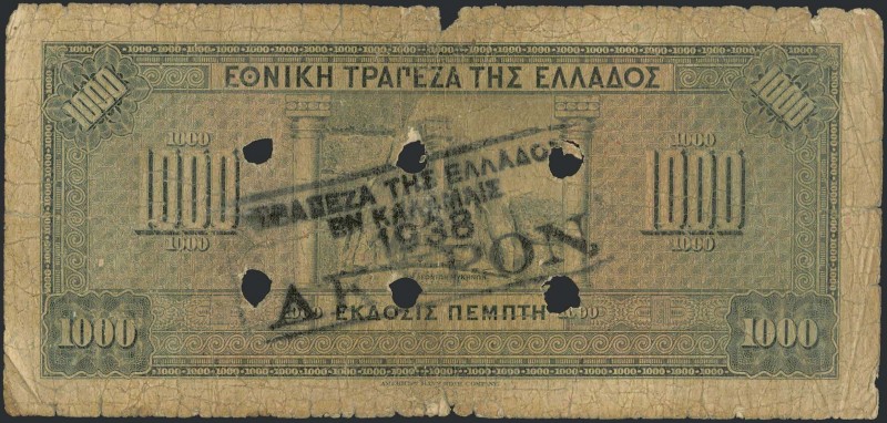 GREECE: 1000 Drachmas (15.10.1926) 1941 Emergency re-issue cancelled banknote wi...