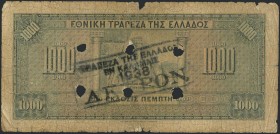 GREECE: 1000 Drachmas (15.10.1926) 1941 Emergency re-issue cancelled banknote with black box-cachet "ΤΡΑΠΕΖΑ ΤΗΣ ΕΛΛΑΔΟΣ - ΕΝ ΚΑΛΑΜΑΙΣ 1938" (Very com...