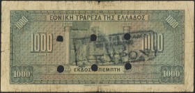 GREECE: 1000 Drachmas (4.11.1926) 1941 Emergency re-issue cancelled banknote with black box-cachet "ΤΡΑΠΕΖΑ ΤΗΣ ΕΛΛΑΔΟΣ - ΕΝ ΚΑΛΑΜΑΙΣ" (Very common) o...