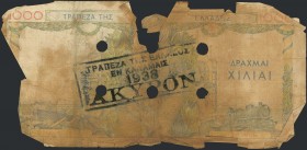 GREECE: 1000 Drachmas (1.5.1935) 1941 Emergency re-issue cancelled banknote with black box-cachet "ΤΡΑΠΕΖΑ ΤΗΣ ΕΛΛΑΔΟΣ - ΕΝ ΚΑΛΑΜΑΙΣ 1938" (Very commo...
