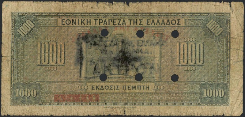 GREECE: 1000 Drachmas (15.10.1926) 1941 Emergency re-issue cancelled banknote wi...