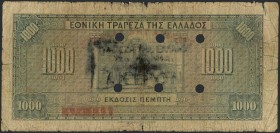 GREECE: 1000 Drachmas (15.10.1926) 1941 Emergency re-issue cancelled banknote with black box-cachet "ΤΡΑΠΕΖΑ ΤΗΣ ΕΛΛΑΔΟΣ - ΕΝ ΛΑΜΙΑ" (Scarce) on back ...