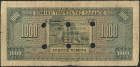 GREECE: 1000 Drachmas (15.10.1926) 1941 Emergency re-issue cancelled banknote with black box-cachet "ΤΡΑΠΕΖΑ ΤΗΣ ΕΛΛΑΔΟΣ - ΕΝ ΛΑΡΙΣΗ" (Common) on back...