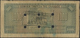 GREECE: 1000 Drachmas (15.10.1926) 1941 Emergency re-issue cancelled banknote with black box-cachet "ΤΡΑΠΕΖΑ ΤΗΣ ΕΛΛΑΔΟΣ - ΕΝ ΞΑΝΘΗ" (Common) on back ...