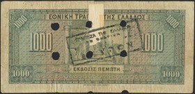 GREECE: 1000 Drachmas (15.10.1926) 1941 Emergency re-issue cancelled banknote with black box-cachet "ΤΡΑΠΕΖΑ ΤΗΣ ΕΛΛΑΔΟΣ - ΕΝ ΦΛΩΡΙΝΗ" (Scarce) on bac...