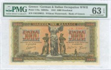 GREECE: 5000 Drachmas (20.6.1942) in black on orange, blue and green unpt with statue of Nike of Samothrace at center with worker and peasant at left ...