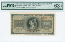 GREECE: 1000 Drachmas (21.8.1942) in black on blue and orange unpt with girl in traditional costume from Thasos at center. Suffix S/N: "483415 PO". In...