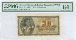 GREECE: 50 Drachmas (1.2.1943) in brown on blue and orange unpt with girl in traditional costume at left. S/N: "ΑA 307730". Inside holder by PMG "Choi...