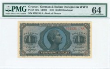 GREECE: 50000 Drachmas (14.1.1944) in blue and black on pale orange unpt with head of youth boy at center. S/N: "931823 AA". Inside holder by PMG "Cho...