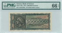 GREECE: 5 million Drachmas (20.7.1944) in black and dark blue on light orange unpt with Arethusa on dekadrachm of Syracuse at left. Prefix S/N: "AA 81...