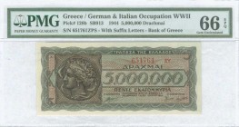 GREECE: 5 million Drachmas (20.7.1944) in black and dark blue on light orange unpt with Arethusa on dekadrachm of Syracuse at left. Suffix S/N: "65176...