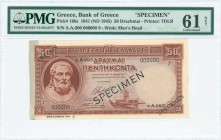 GREECE: Specimen of 50 Drachmas (1.1.1941 - issued on 2.1.1945) in red with Hesiod at left. Diagonal black ovpt "SPECIMEN" and diagonal perfin "SPECIM...
