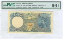 GREECE: 100 Drachmas (ND 1944) in deep blue on blue and gold unpt with Kanaris at right. S/N: "ζ.Ι-160 049409". WMK: Themistocles. Printed by W&S (wit...
