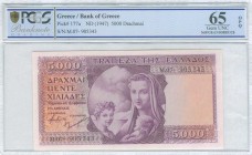 GREECE: 5000 Drachmas (ND 1947) in purple on orange unpt with personification of Motherhood at center. S/N: "M.07 905343". WMK: God Apollo. Printed by...