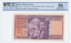 GREECE: 5000 Drachmas (ND 1947) in purple on orange unpt with personification of Motherhood at center. S/N: "M.06 168926". WMK: God Apollo. Printed by...
