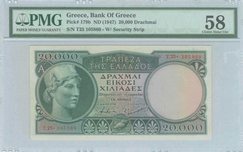 GREECE: 20000 Drachmas (ND 1947) in dark green on multicolor unpt with Athena at...