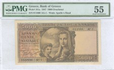 GREECE: 5000 Drachmas (9.6.1947) in brown on multicolor unpt with personification of Motherhood at center. S/N: "011806 ΑΓ-1". WMK: God Apollo. Printe...