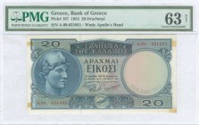 GREECE: 20 Drachmas (15.1.1954) in blue on multicolor unpt with Athena at left. S/N: "A.09- 631051". WMK: God Apollo. Printed by Bank of Greece. Insid...
