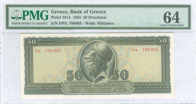 GREECE: 50 Drachmas (1.3.1955) in deep green on light blue, orange and light gre...