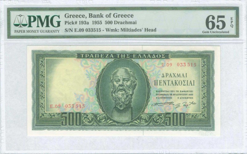 GREECE: 500 Drachmas (8.8.1955) in deep green on light blue, light orange and li...
