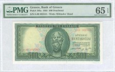 GREECE: 500 Drachmas (8.8.1955) in deep green on light blue, light orange and light green unpt with Socrates at center. S/N: "E.09 033515". WMK: Gener...