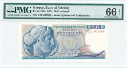GREECE: 50 Drachmas (1.10.1964) in blue and purple on multicolor unpt with Arethusa at left. S/N: "13Ξ 632900". WMK: Youth of Antikythera. Printed by ...